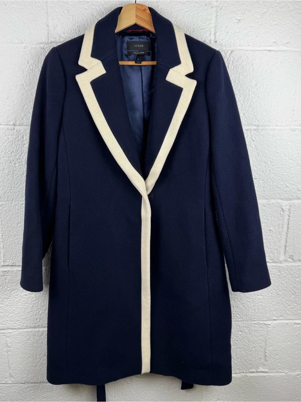 J. Crew Italian Wool Navy & Ivory Contrast Trim Belted Coat Size 4 - Picture 6 of 10